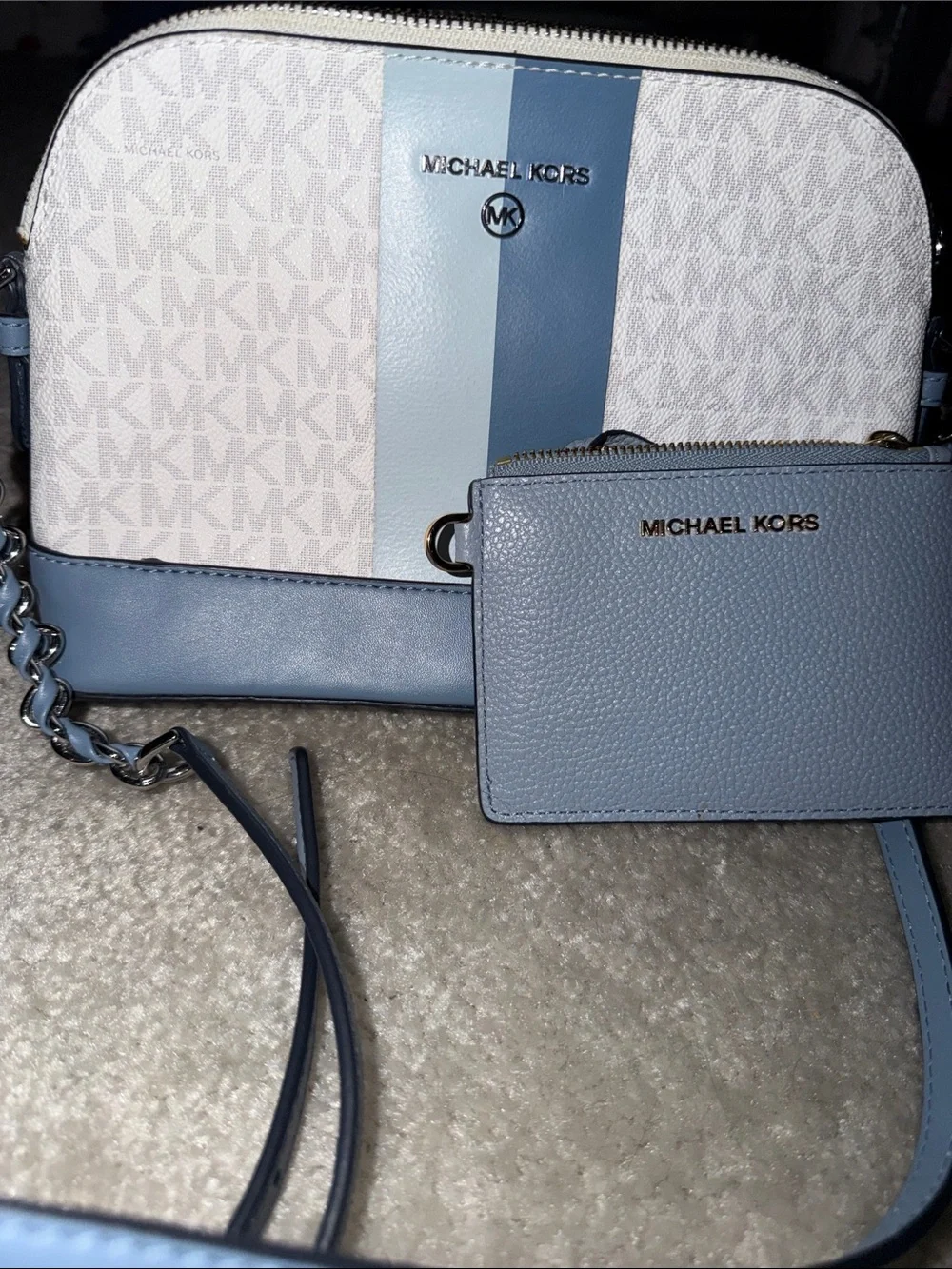 Michael Kors Light Blue and White Signature Stripe Crossbody with Card Case